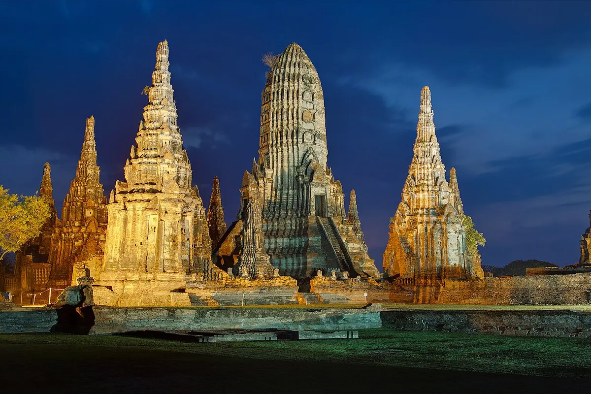 The central prang and surrounding temple ruins of Wat Chai Watthanaram in Ayutthaya.