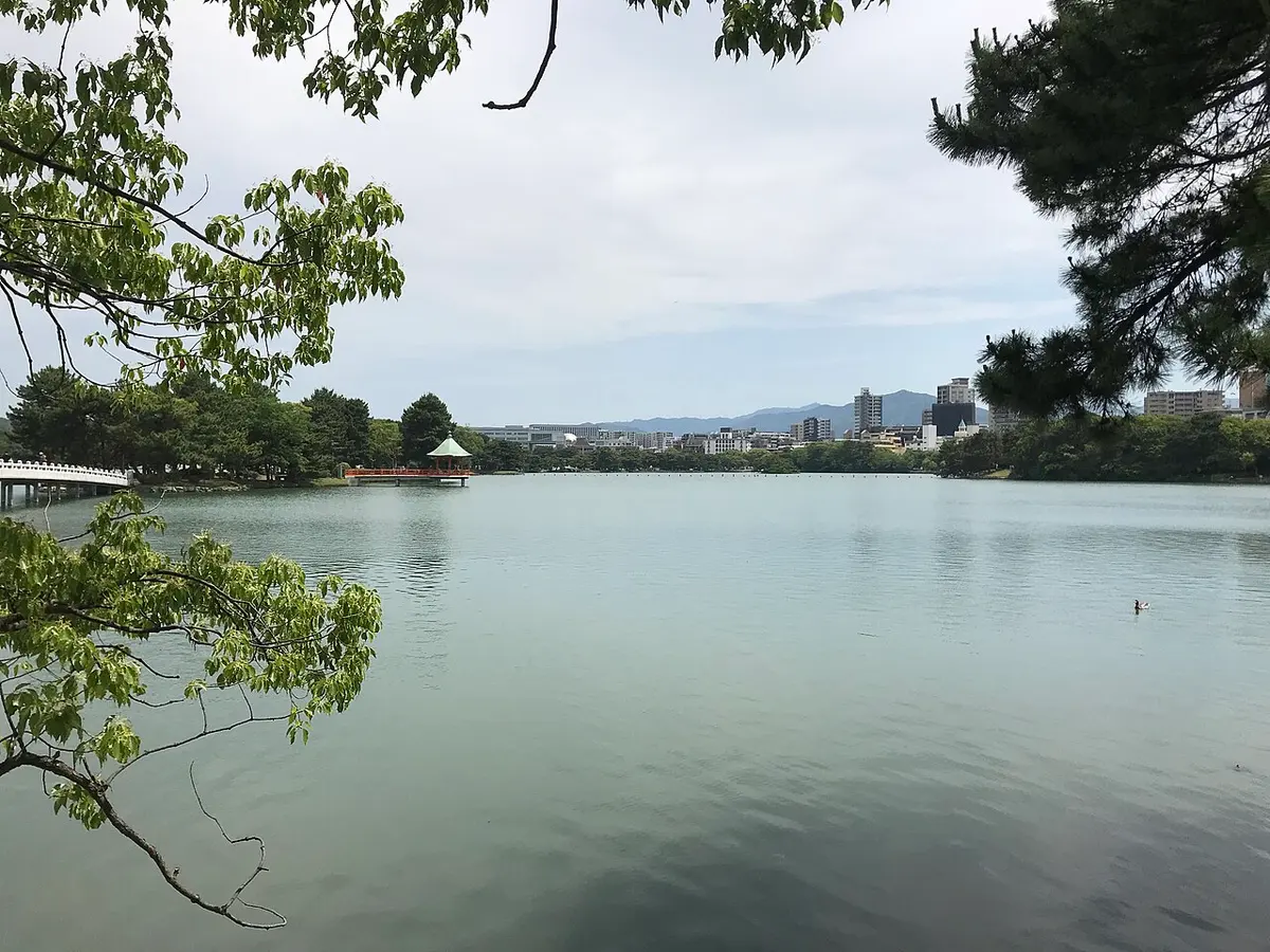Ohori Park pond framed by tree branches, with a red pavilion, a white bridge, and city buildings and mountains in the distance