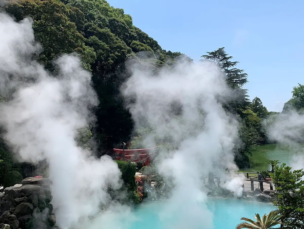 The steaming blue hot-spring pond of Umi Jigoku in Beppu.
