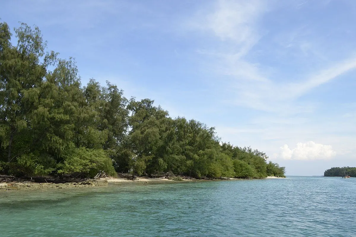 Clear turquoise water and a tree-lined shore in the Thousand Islands under a blue sky.