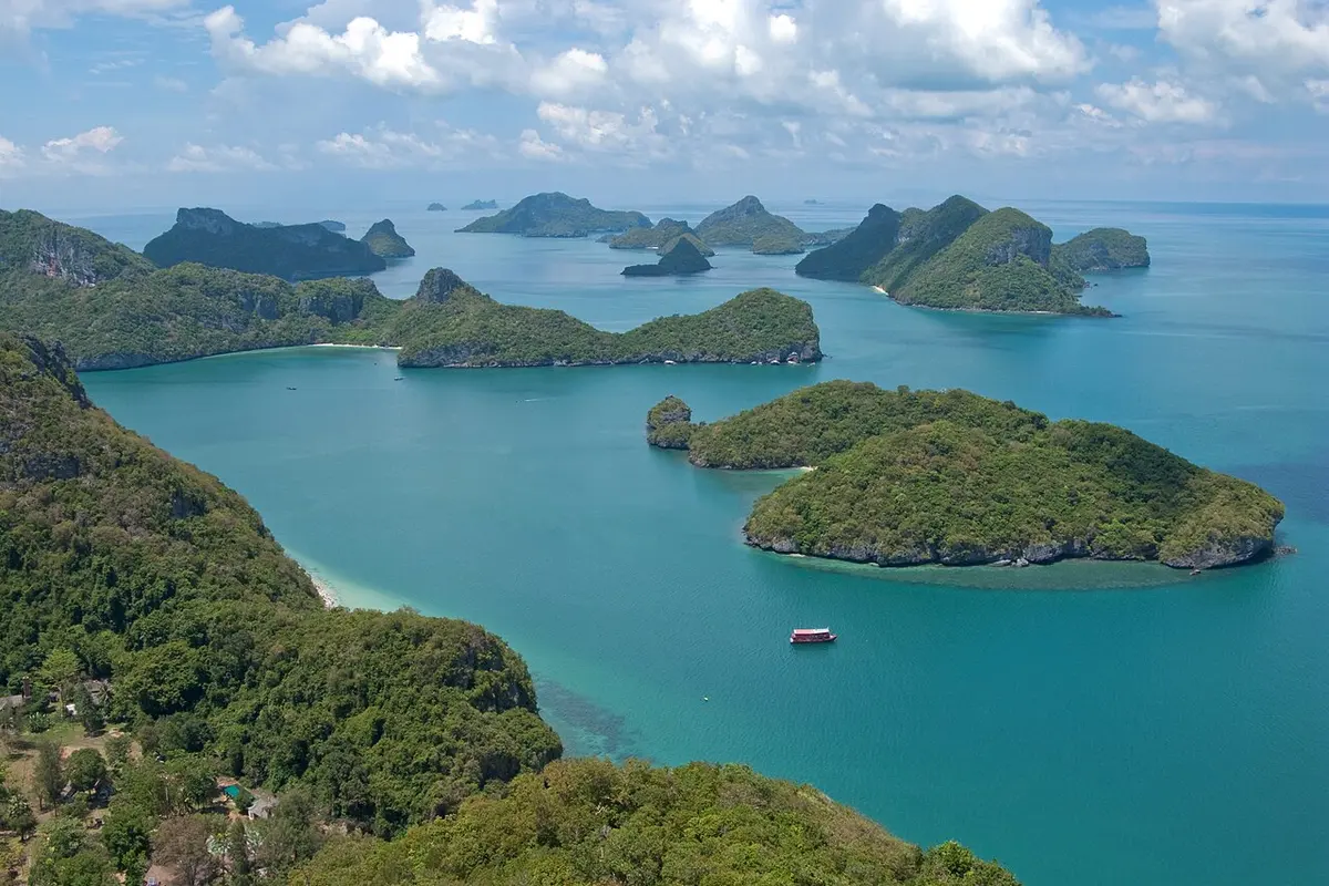 Limestone islands rising from the sea in Ang Thong Marine National Park