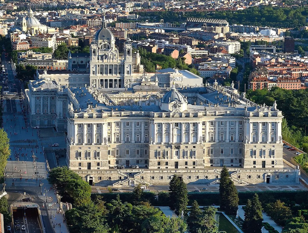 The Royal Palace of Madrid seen from above in daylight