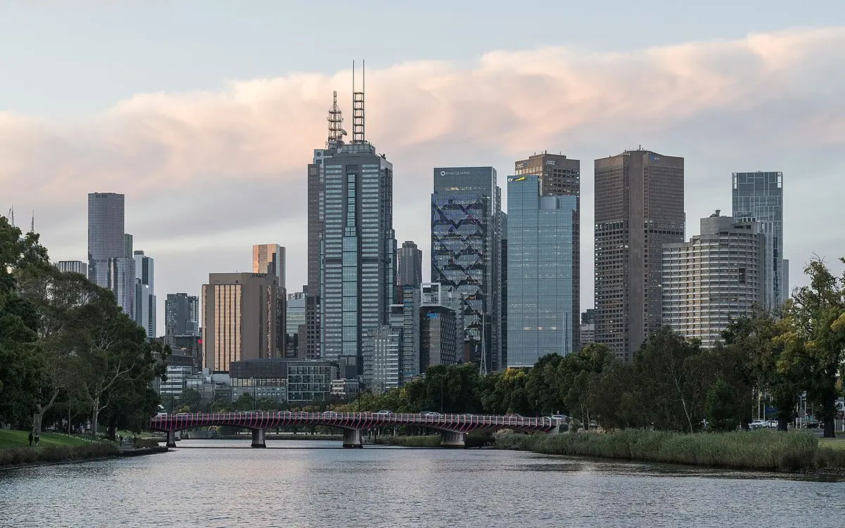 Melbourne's city-centre skyline seen from the south in early evening light
