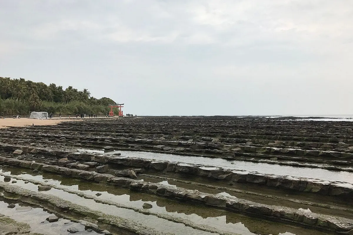 Rows of washboard-like rock exposed at low tide, with a red torii in the distance.