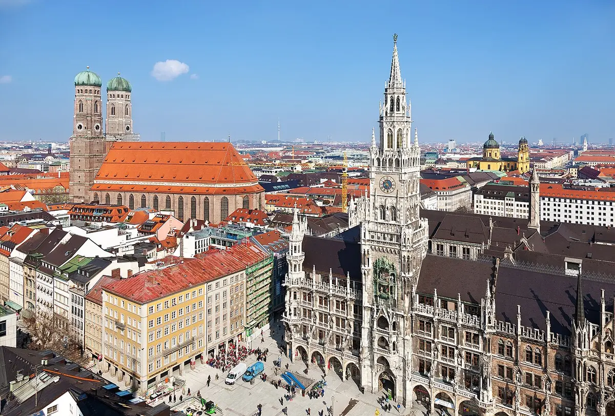 The twin towers of the Frauenkirche and the New Town Hall, seen from St. Peter's tower