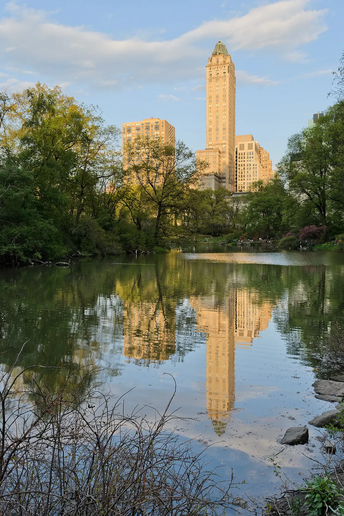 Trees and Upper East Side buildings reflected in Central Park's Pond