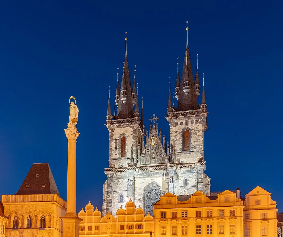 The twin towers of the Týn Church on Old Town Square in the blue hour