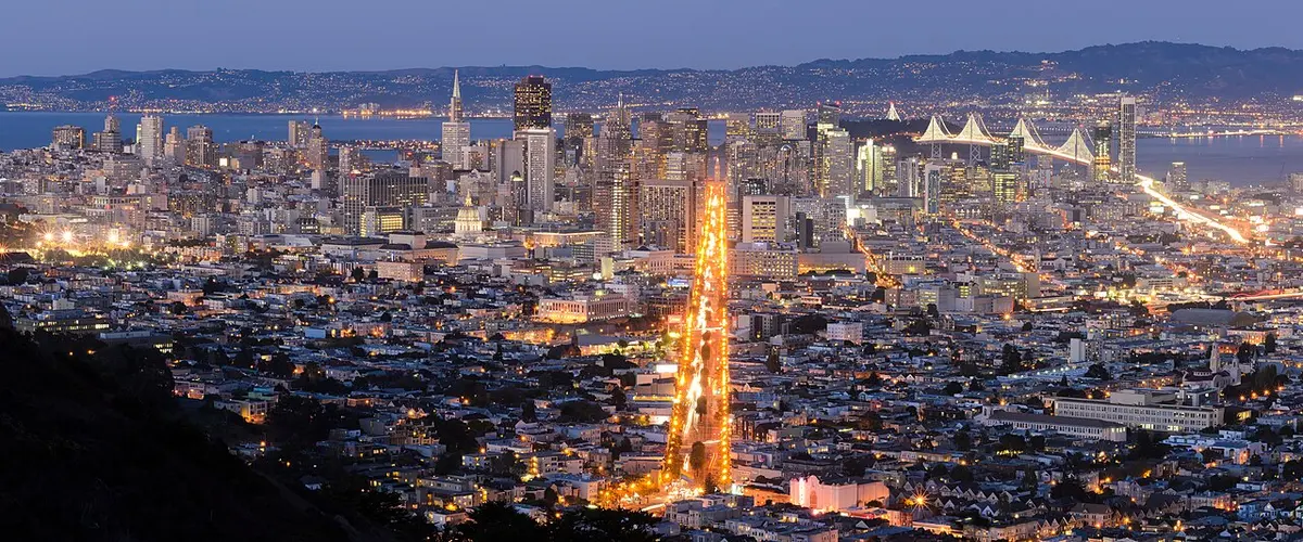 Downtown San Francisco and city lights seen from Twin Peaks after sunset