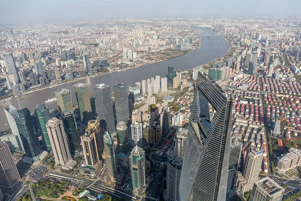 Lujiazui's skyscrapers and the Huangpu River seen from the Shanghai Tower observation deck