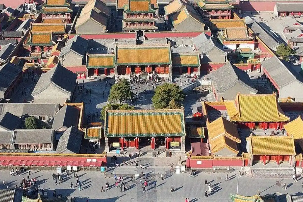 Aerial view of the yellow-tiled roofs of Mukden Palace.