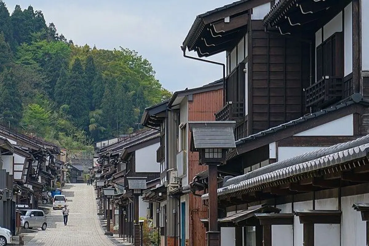 木造の町家が並ぶ石畳の道と、その奥の緑の丘。