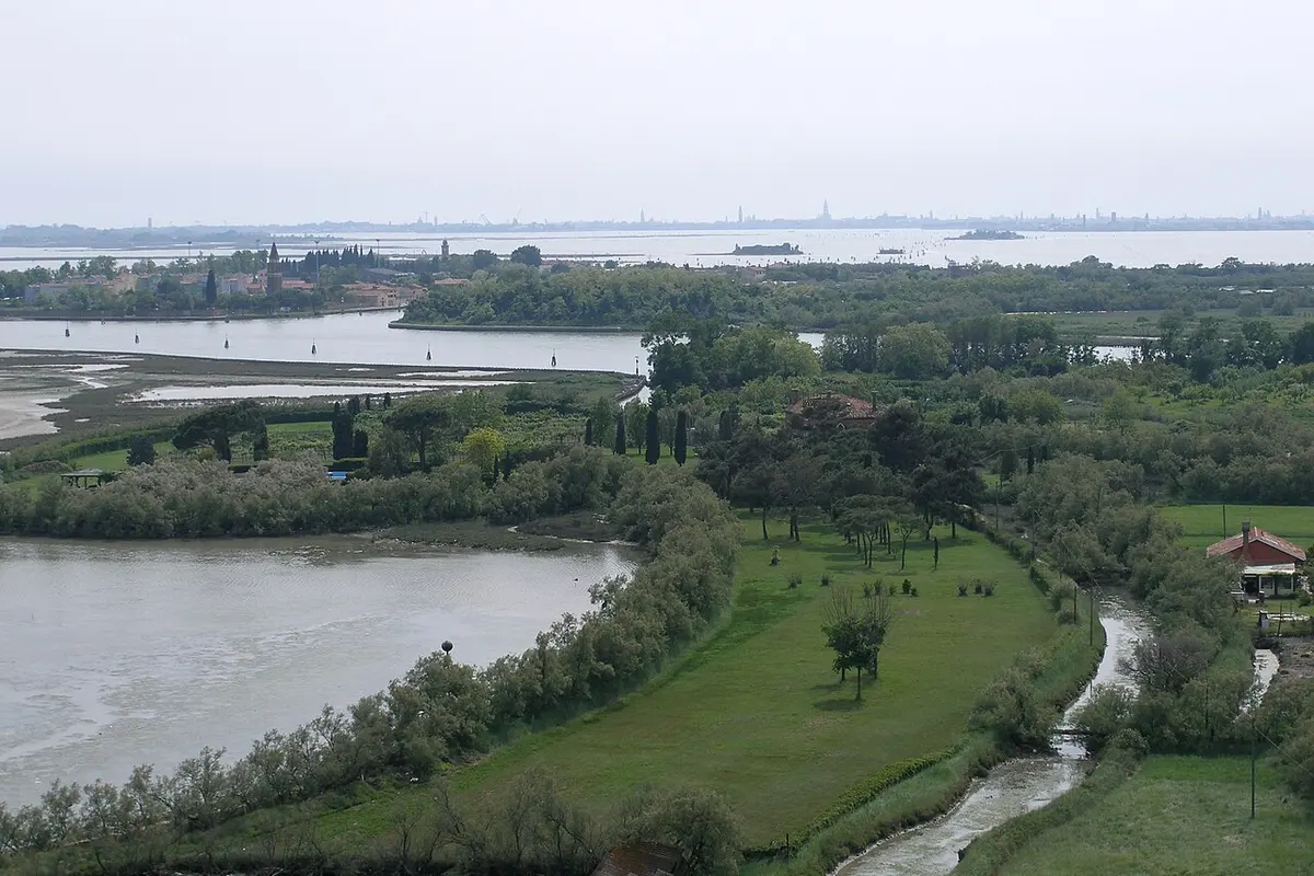 The Venetian lagoon with low islands and waterways, seen from high above on Torcello.
