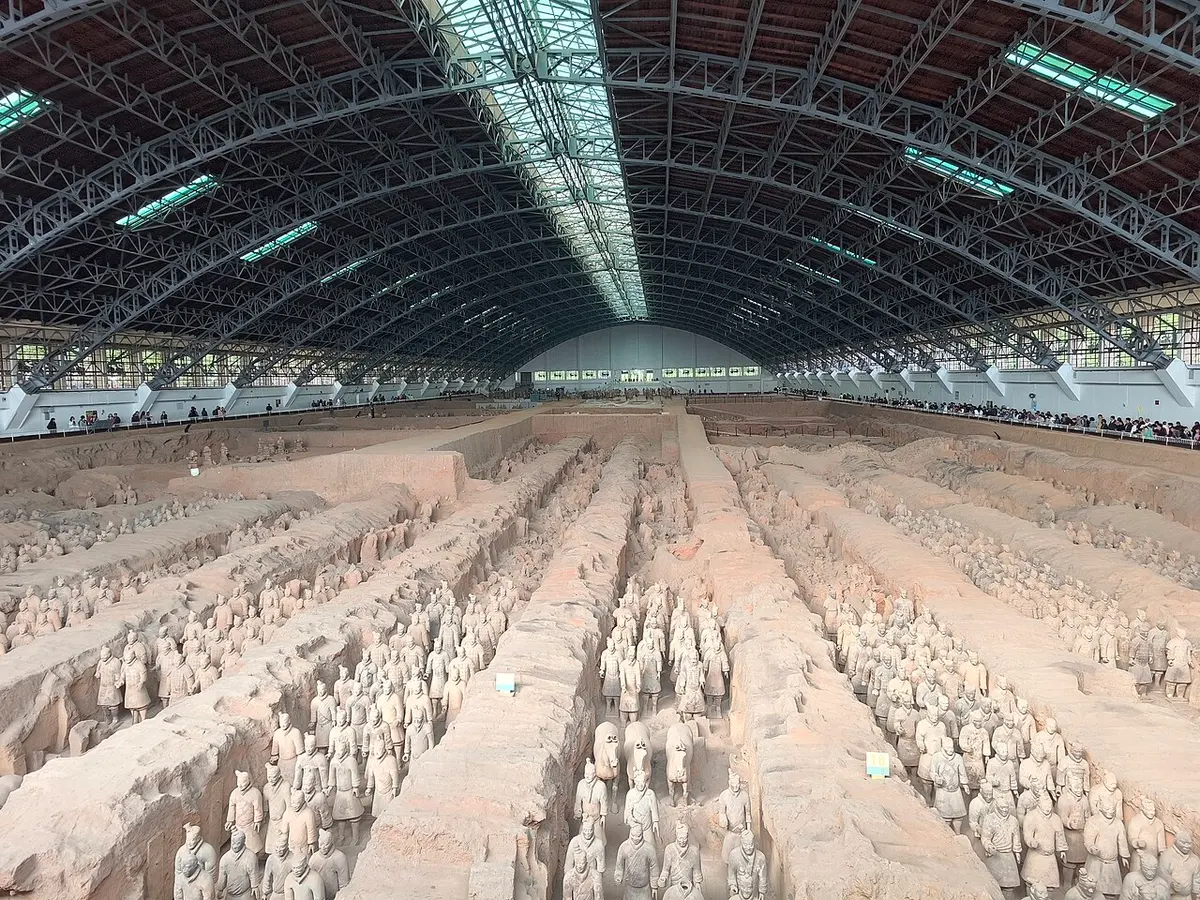 Rows of terracotta warriors standing in Pit 1.