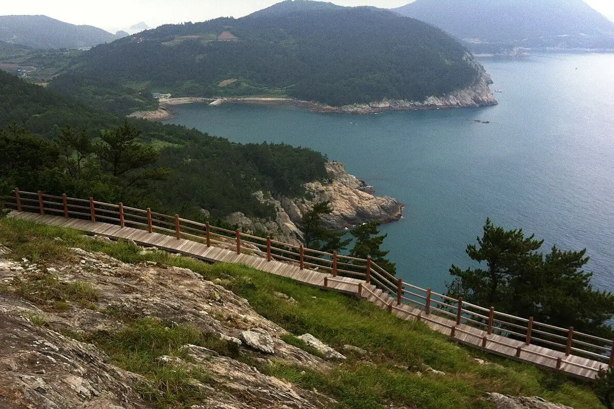 海の断崖に沿って続く木の遊歩道と、緑の島々に囲まれた青い入り江。