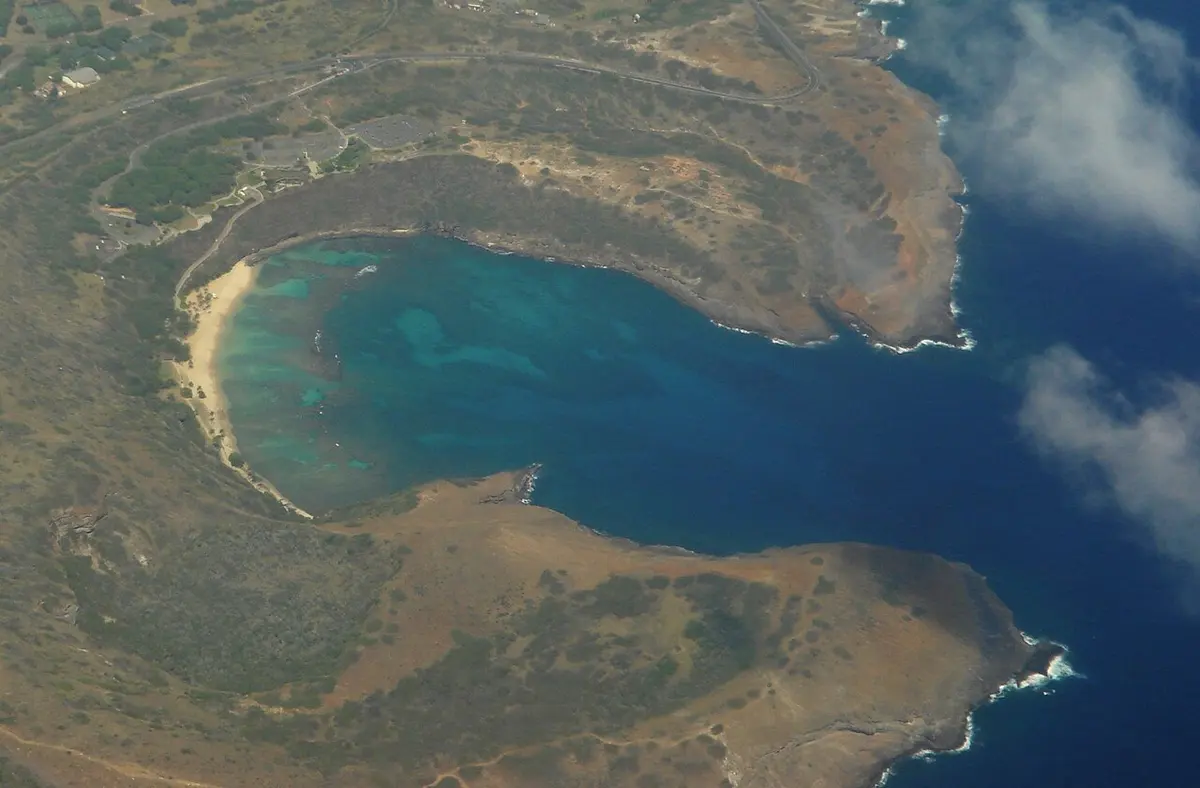 Aerial view of the crater bay and reef at Hanauma Bay, Oahu