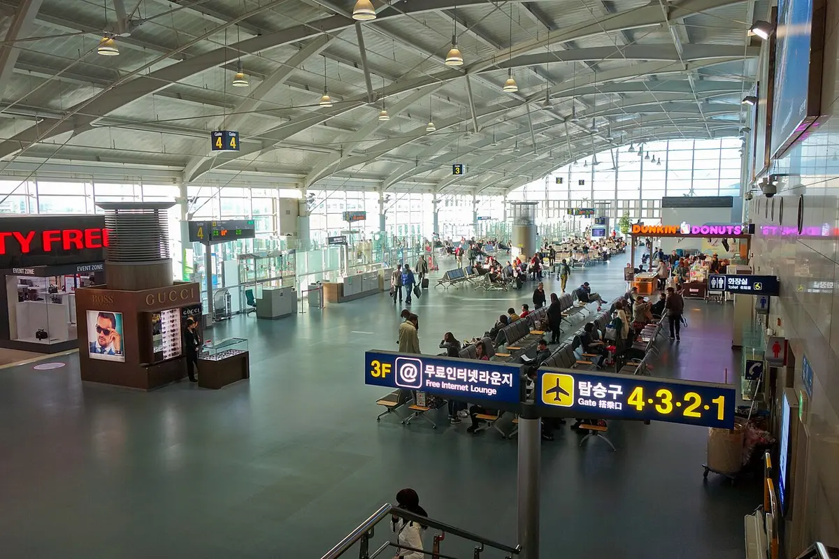 Inside the departures lobby of the international terminal at Gimhae International Airport.